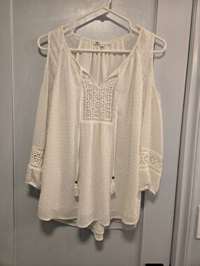 Women's Cream Swiss Dot Peasant Blouse with Lace Trim